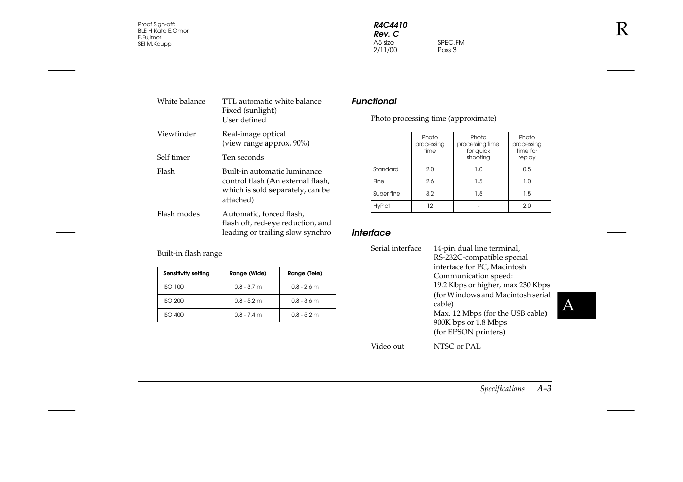 Functional, Interface | Epson PhotoPC 850Z User Manual | Page 117 / 142