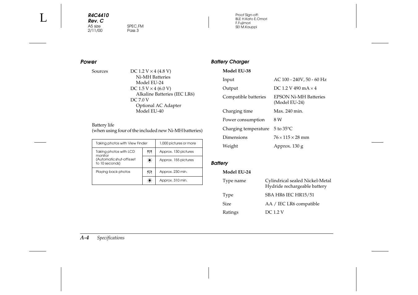 Power, Battery charger, Battery | Epson PhotoPC 850Z User Manual | Page 118 / 142