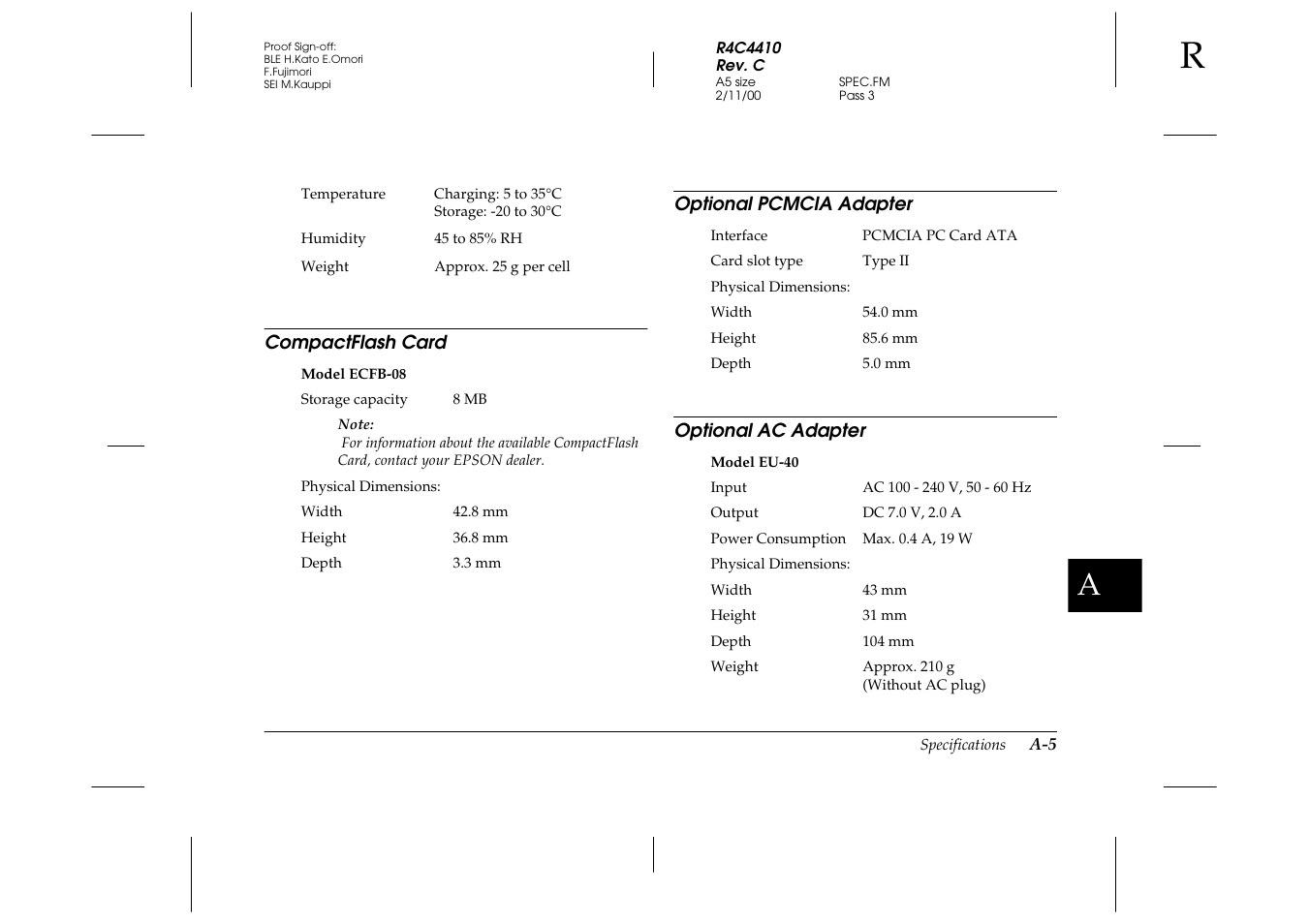 Compactflash card, Optional pcmcia adapter, Optional ac adapter | Epson PhotoPC 850Z User Manual | Page 119 / 142