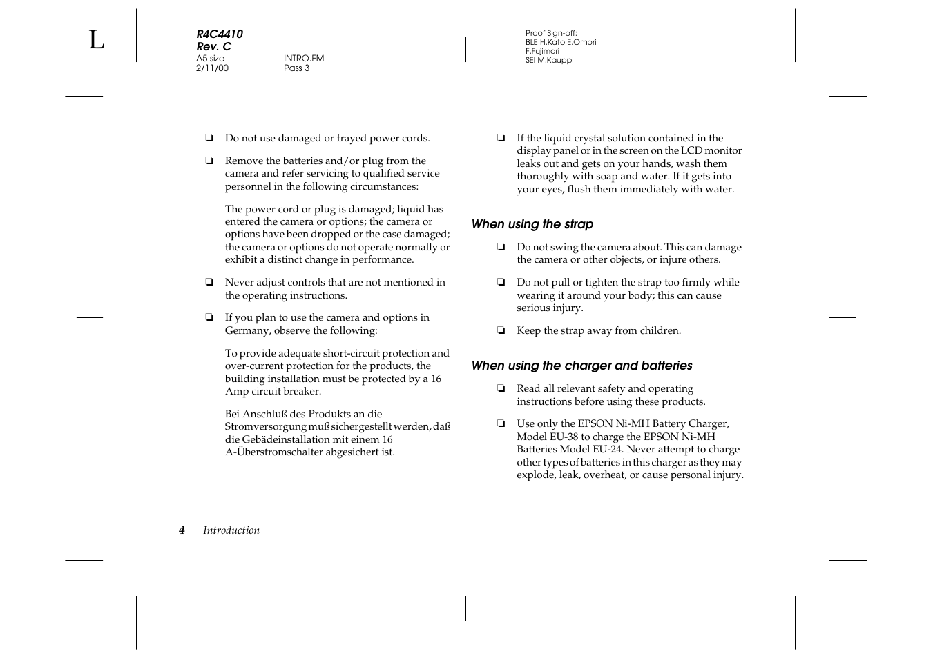 When using the strap, When using the charger and batteries | Epson PhotoPC 850Z User Manual | Page 12 / 142