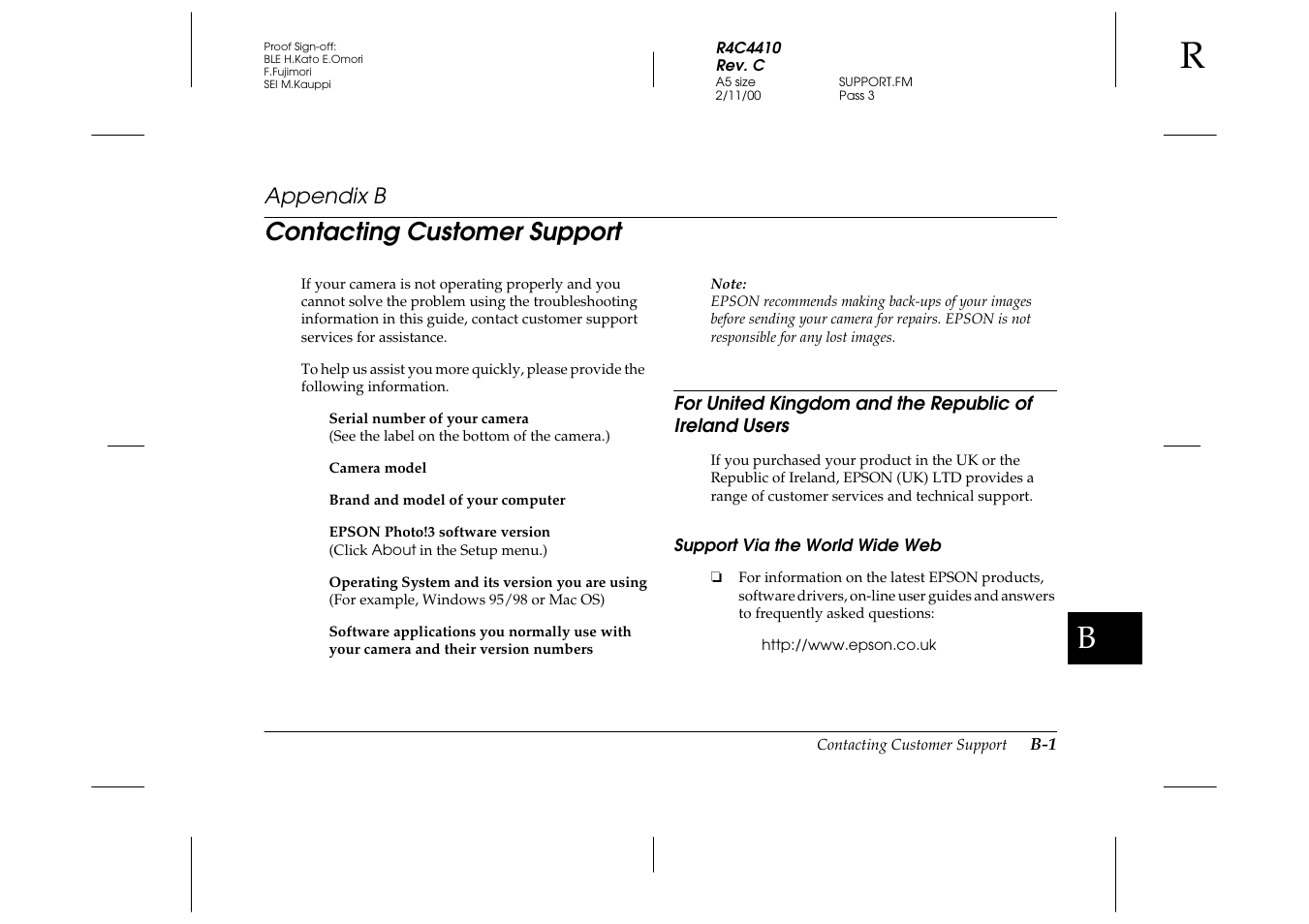 B. contacting customer support, Support via the world wide web, Appendix b c | Contacting customer support, Appendix b | Epson PhotoPC 850Z User Manual | Page 121 / 142
