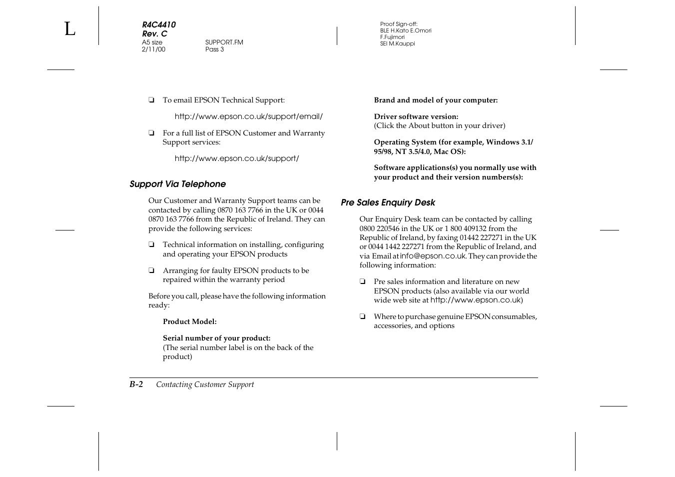 Support via telephone, Pre sales enquiry desk | Epson PhotoPC 850Z User Manual | Page 122 / 142