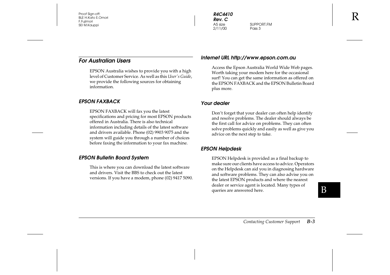 For australian users, Epson faxback, Epson bulletin board system | Internet url http://www.epson.com.au, Your dealer, Epson helpdesk | Epson PhotoPC 850Z User Manual | Page 123 / 142