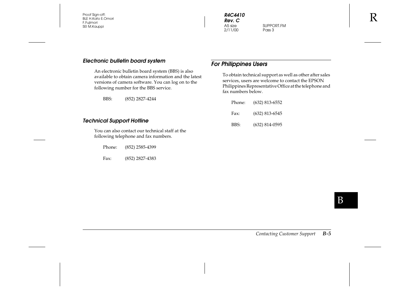 Electronic bulletin board system, Technical support hotline, For philippines users | Epson PhotoPC 850Z User Manual | Page 125 / 142