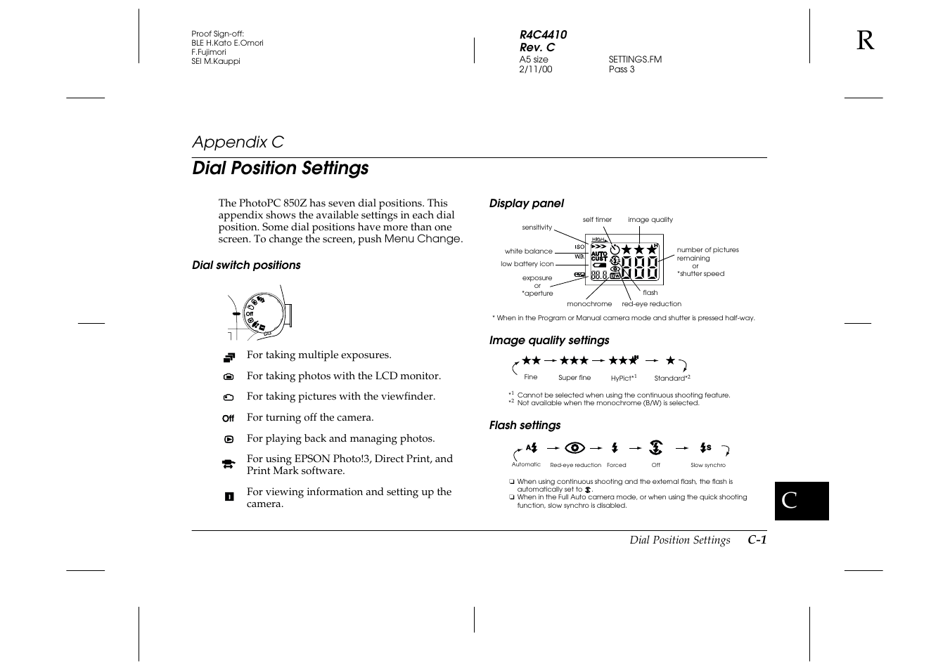 C. dial position settings, Dial switch positions, Display panel | Image quality settings, Flash settings, Appendix c dial, Dial position settings, Appendix c | Epson PhotoPC 850Z User Manual | Page 127 / 142