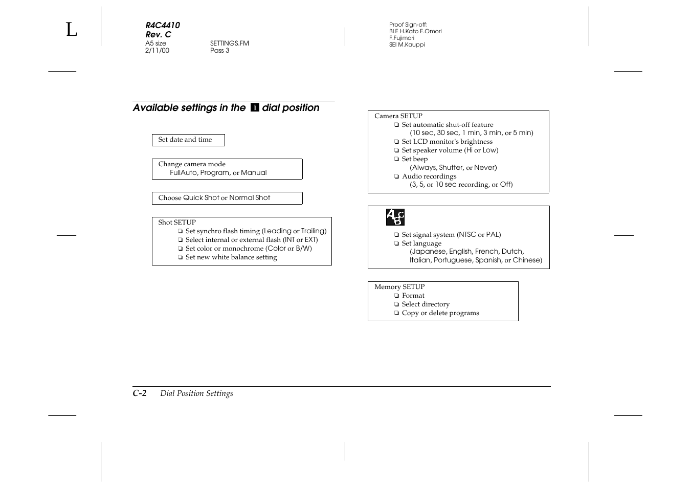 Available settings in the dial position | Epson PhotoPC 850Z User Manual | Page 128 / 142