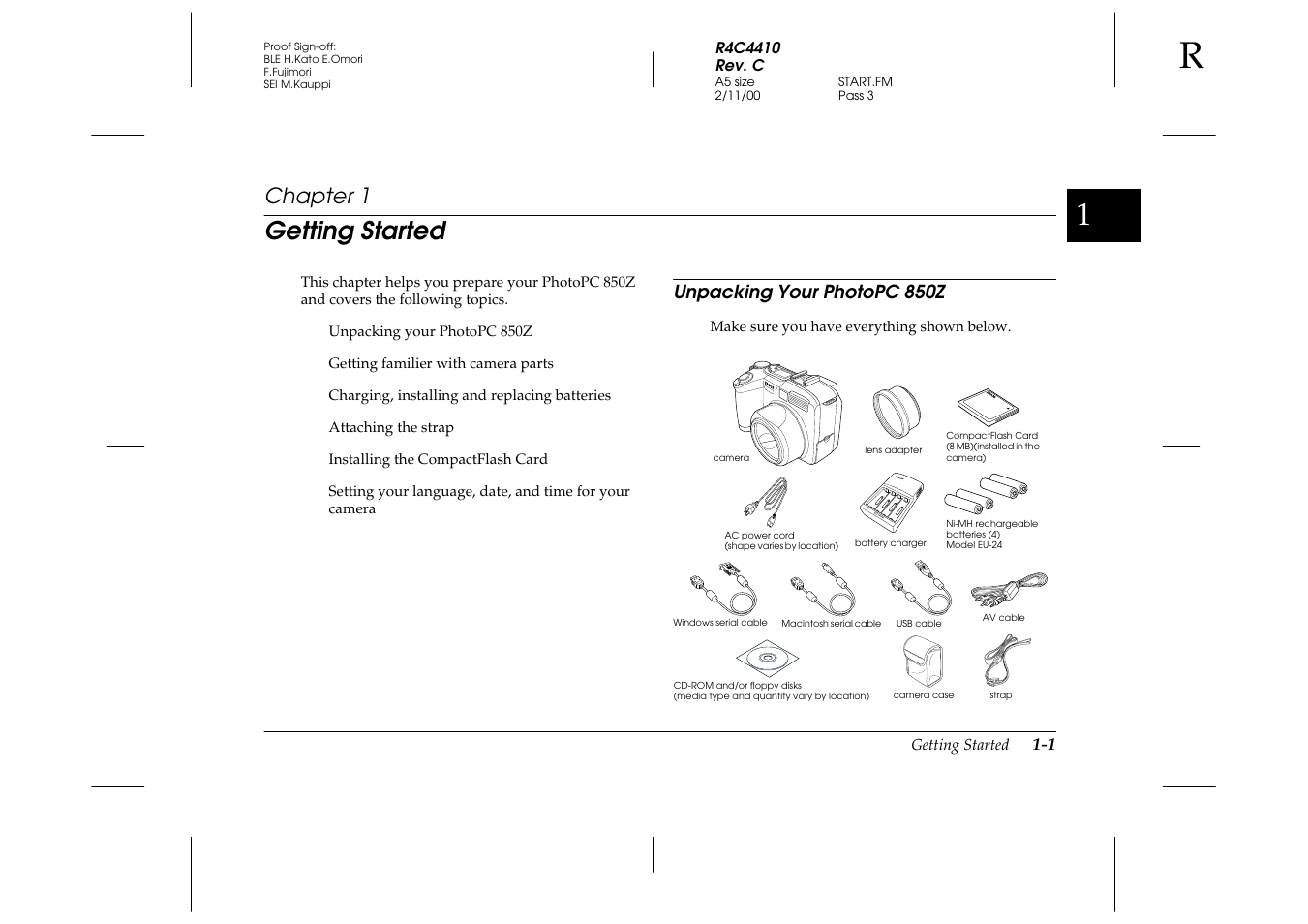 Getting started, Unpacking your photopc 850z, Chapter 1 g | Unpacking your photopc 850z -1, Chapter 1 | Epson PhotoPC 850Z User Manual | Page 17 / 142