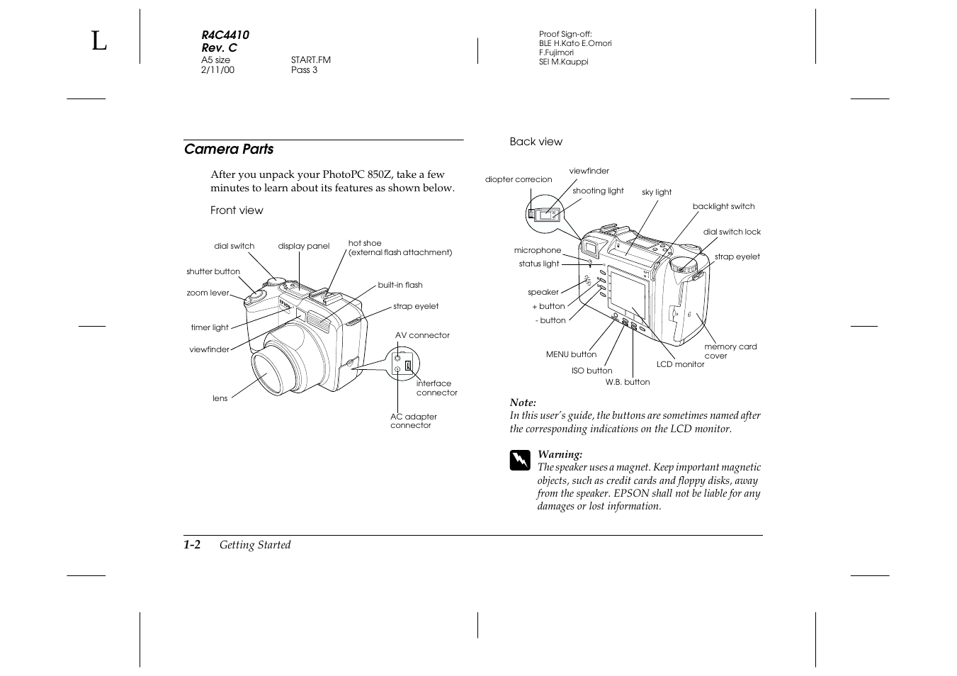 Camera parts, Camera parts -2 | Epson PhotoPC 850Z User Manual | Page 18 / 142