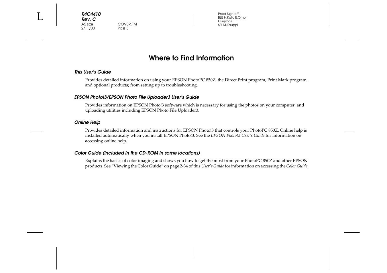 Where to find information, This user’s guide, Online help | Epson PhotoPC 850Z User Manual | Page 2 / 142