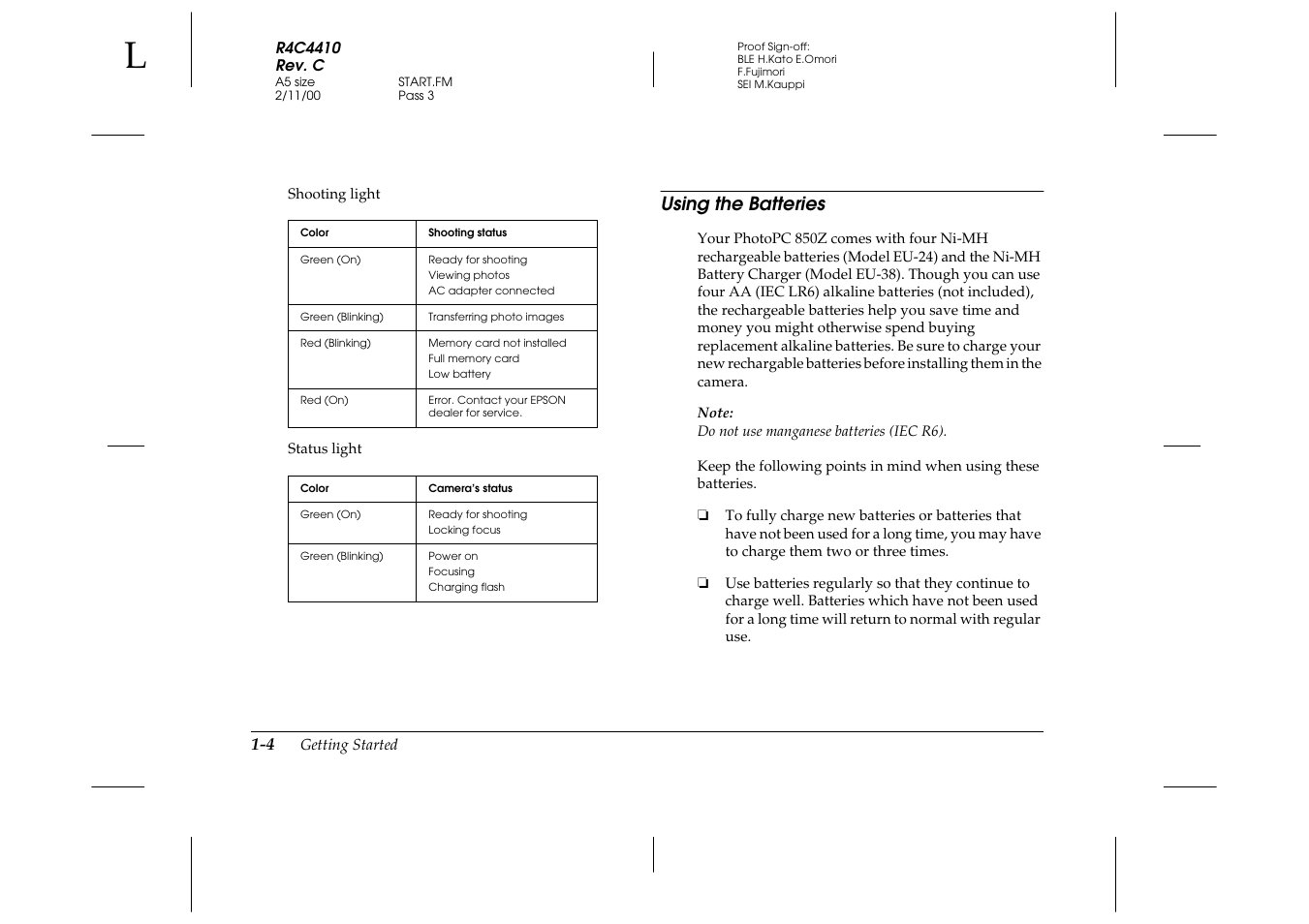 Using the batteries, Using the batteries -4 | Epson PhotoPC 850Z User Manual | Page 20 / 142