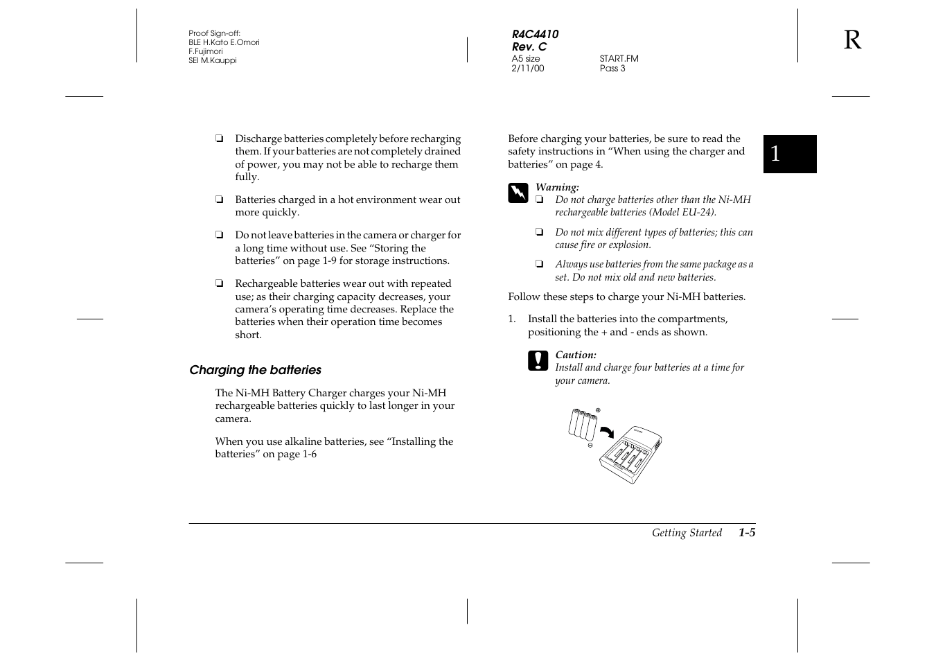 Charging the batteries, Charging the batteries -5 | Epson PhotoPC 850Z User Manual | Page 21 / 142