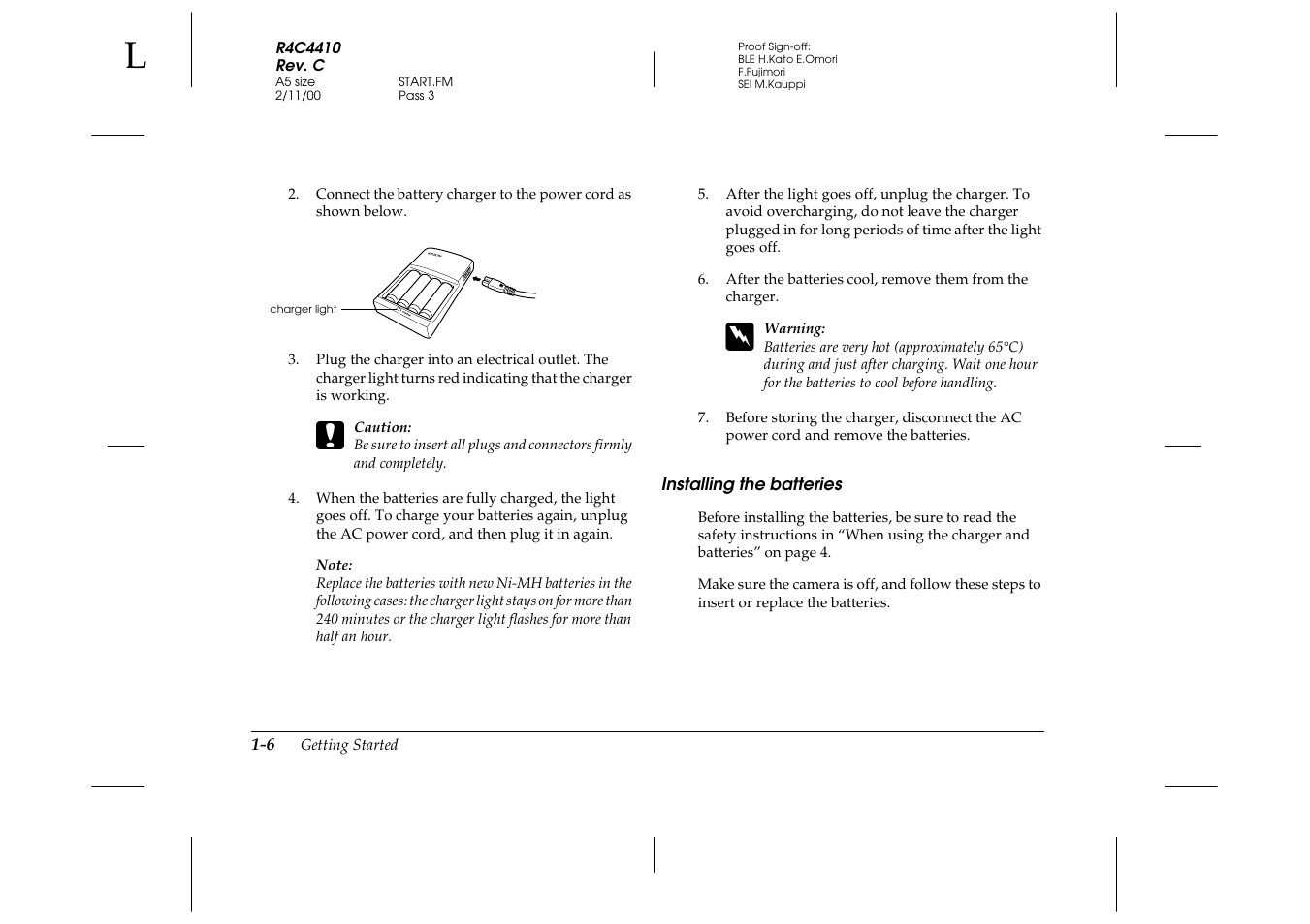 Installing the batteries, Installing the batteries -6 | Epson PhotoPC 850Z User Manual | Page 22 / 142