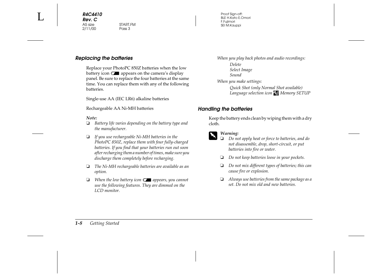 Replacing the batteries, Handling the batteries | Epson PhotoPC 850Z User Manual | Page 24 / 142