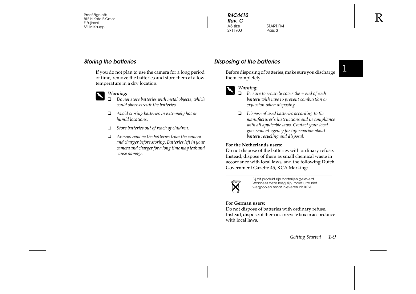 Storing the batteries, Disposing of the batteries | Epson PhotoPC 850Z User Manual | Page 25 / 142