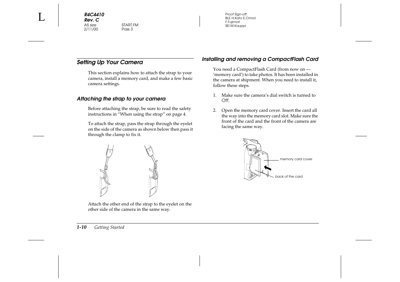 Setting up your camera, Attaching the strap to your camera, Installing and removing a compactflash card | Setting up your camera -10, Attaching the strap to your camera -10, Installing and removing a compactflash card . 1-10 | Epson PhotoPC 850Z User Manual | Page 26 / 142