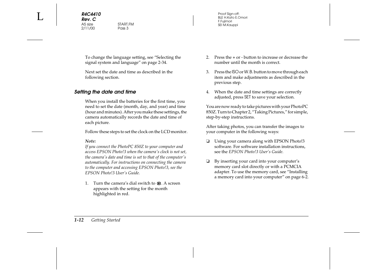 Setting the date and time, Setting the date and time -12 | Epson PhotoPC 850Z User Manual | Page 28 / 142
