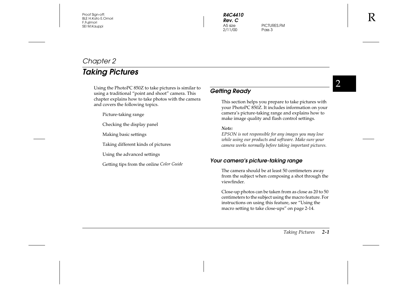 Taking pictures, Getting ready, Your camera’s picture-taking range | Chapter 2 t, Getting ready -1, Your camera’s picture-taking range -1 | Epson PhotoPC 850Z User Manual | Page 29 / 142