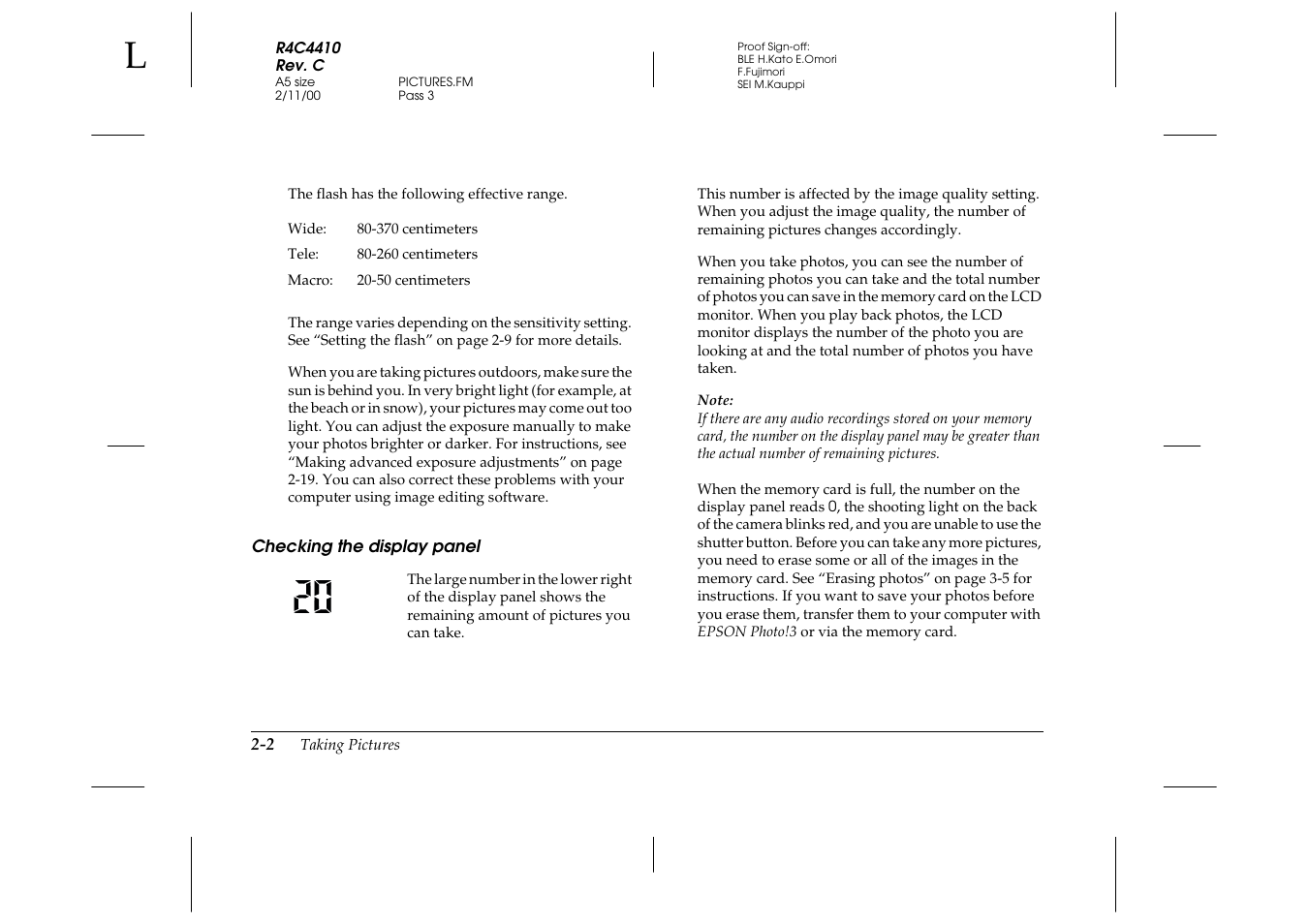 Checking the display panel, Checking the display panel -2 | Epson PhotoPC 850Z User Manual | Page 30 / 142