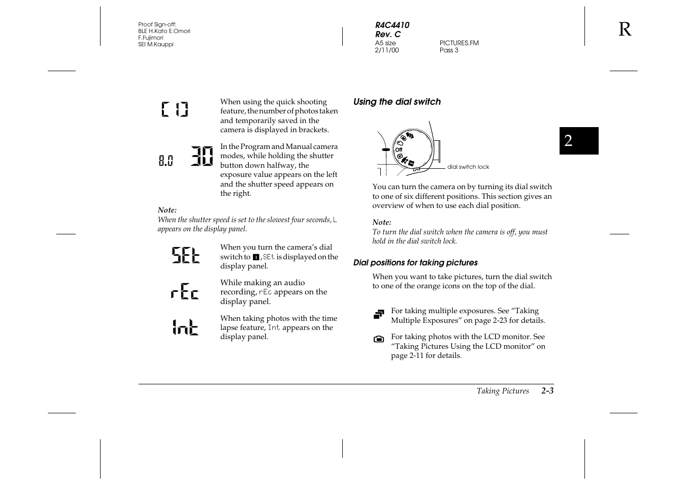 Using the dial switch, Dial positions for taking pictures, Using the dial switch -3 | Epson PhotoPC 850Z User Manual | Page 31 / 142