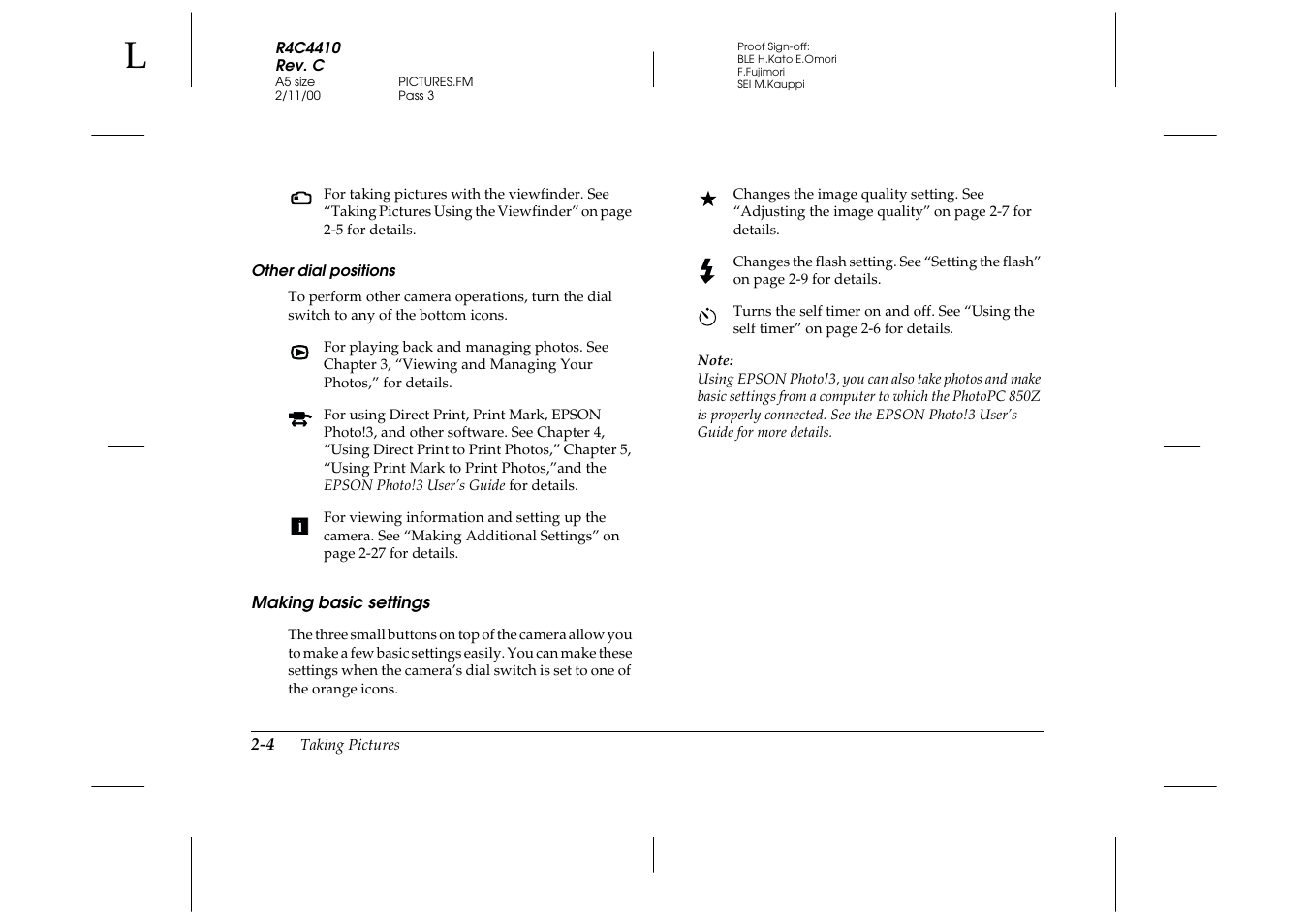 Other dial positions, Making basic settings, Making basic settings -4 | Epson PhotoPC 850Z User Manual | Page 32 / 142