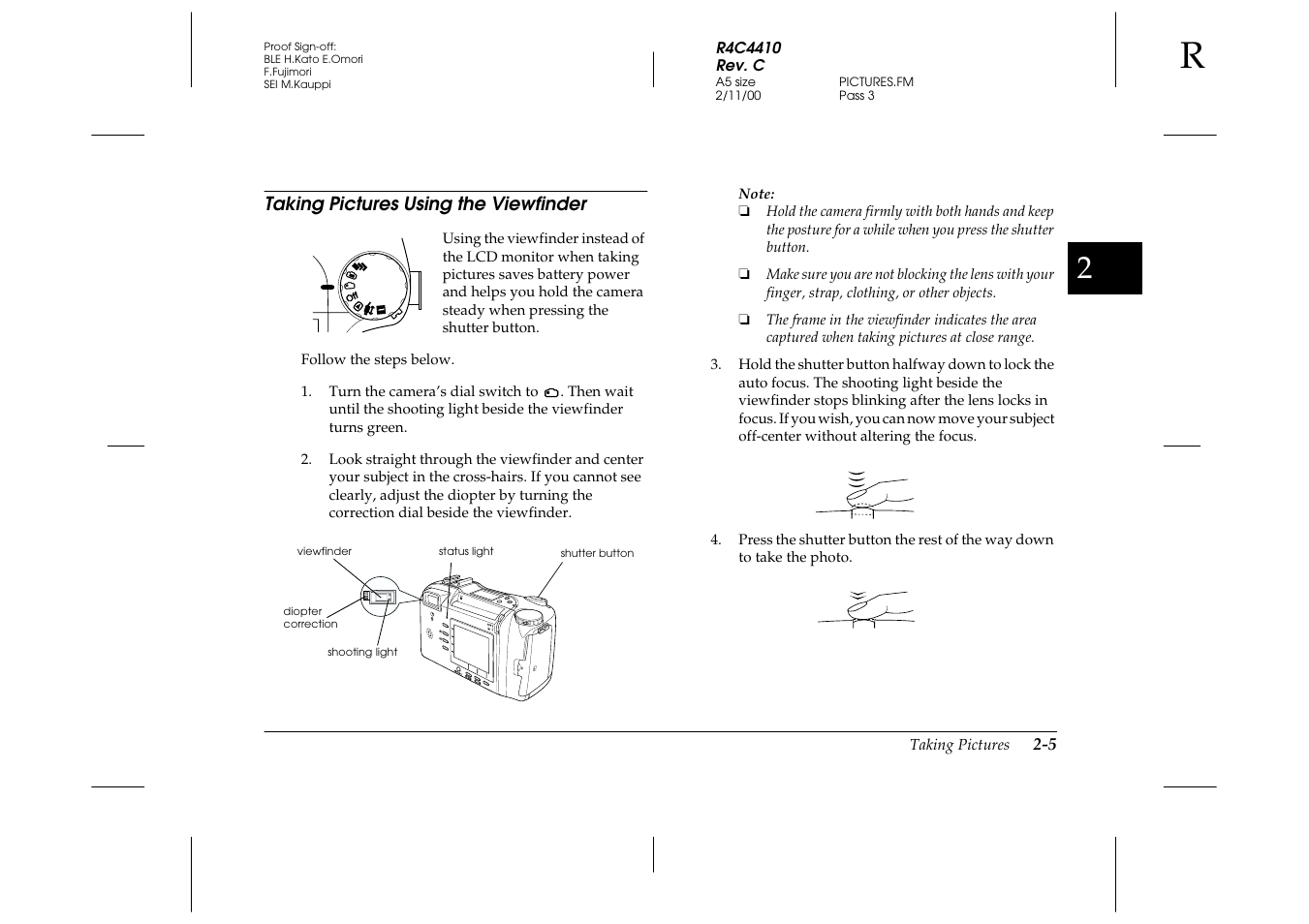 Taking pictures using the viewfinder, Taking pictures using the viewfinder -5 | Epson PhotoPC 850Z User Manual | Page 33 / 142