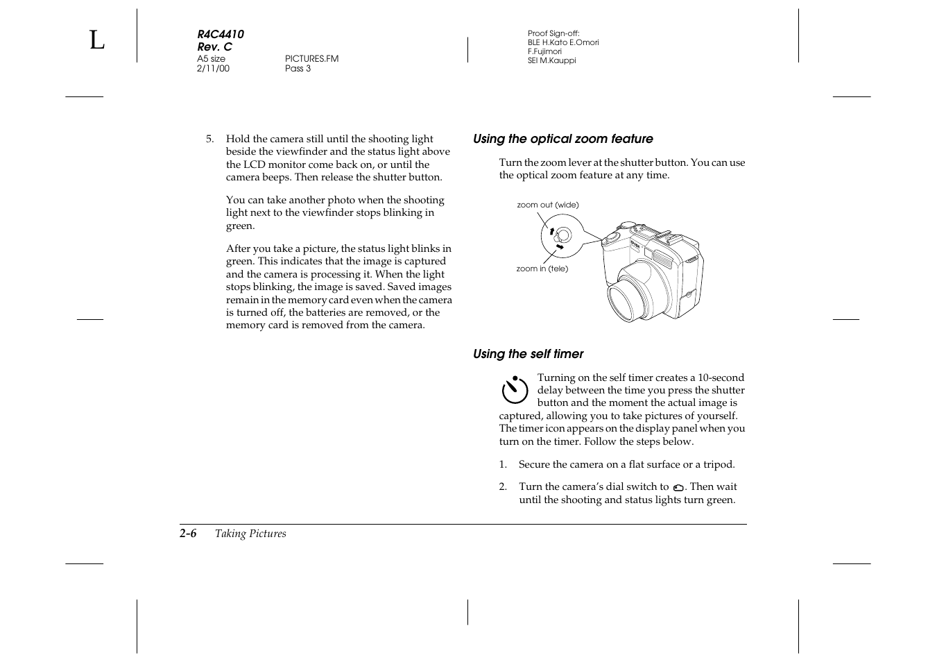 Using the optical zoom feature, Using the self timer | Epson PhotoPC 850Z User Manual | Page 34 / 142