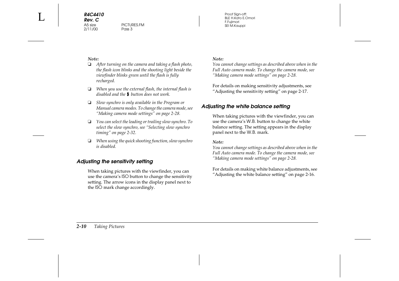 Adjusting the sensitivity setting, Adjusting the white balance setting | Epson PhotoPC 850Z User Manual | Page 38 / 142