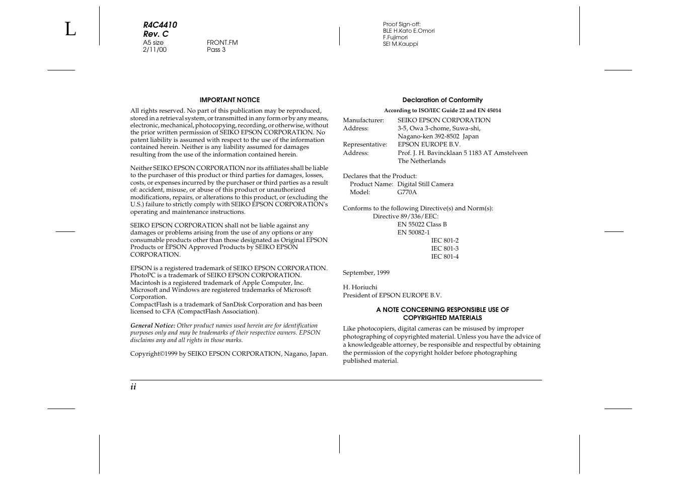 Important notice, Declaration of conformity, Responsible use of copyrighted materials | Epson PhotoPC 850Z User Manual | Page 4 / 142