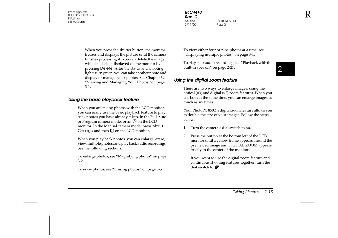 Using the basic playback feature, Using the digital zoom feature, Choosing a print format -5 | Epson PhotoPC 850Z User Manual | Page 41 / 142