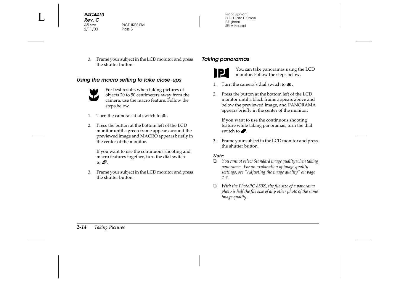 Using the macro setting to take close-ups, Taking panoramas | Epson PhotoPC 850Z User Manual | Page 42 / 142