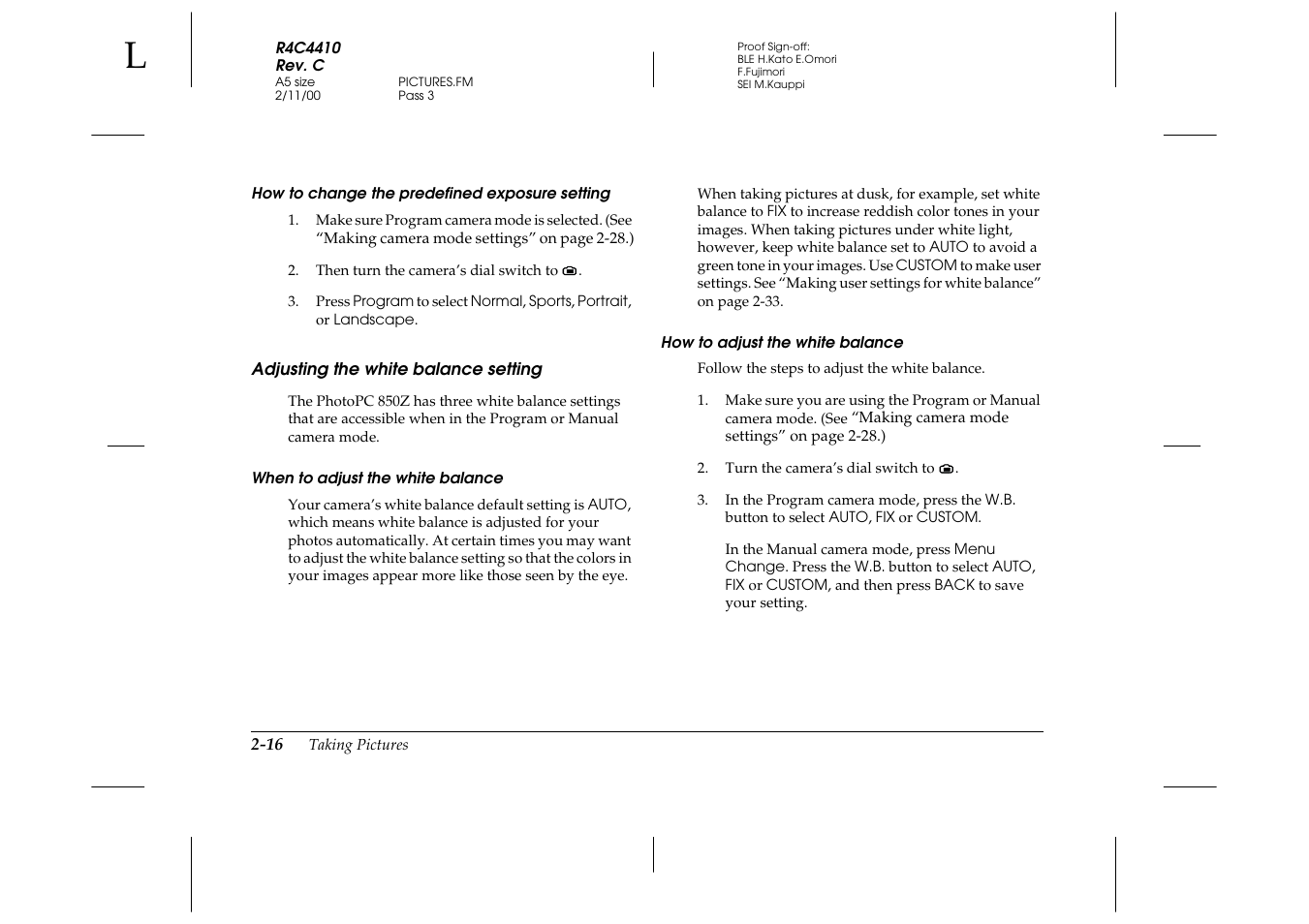 How to change the predefined exposure setting, Adjusting the white balance setting, When to adjust the white balance | How to adjust the white balance, Adjusting the white balance setting -16 | Epson PhotoPC 850Z User Manual | Page 44 / 142