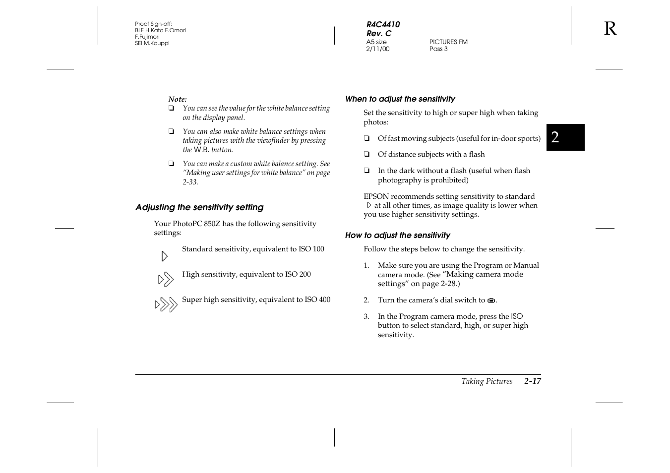 Adjusting the sensitivity setting, When to adjust the sensitivity, How to adjust the sensitivity | Adjusting the sensitivity setting -17 | Epson PhotoPC 850Z User Manual | Page 45 / 142