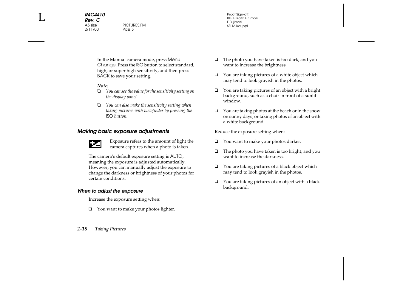 Making basic exposure adjustments, When to adjust the exposure, Making basic exposure adjustments -18 | Epson PhotoPC 850Z User Manual | Page 46 / 142