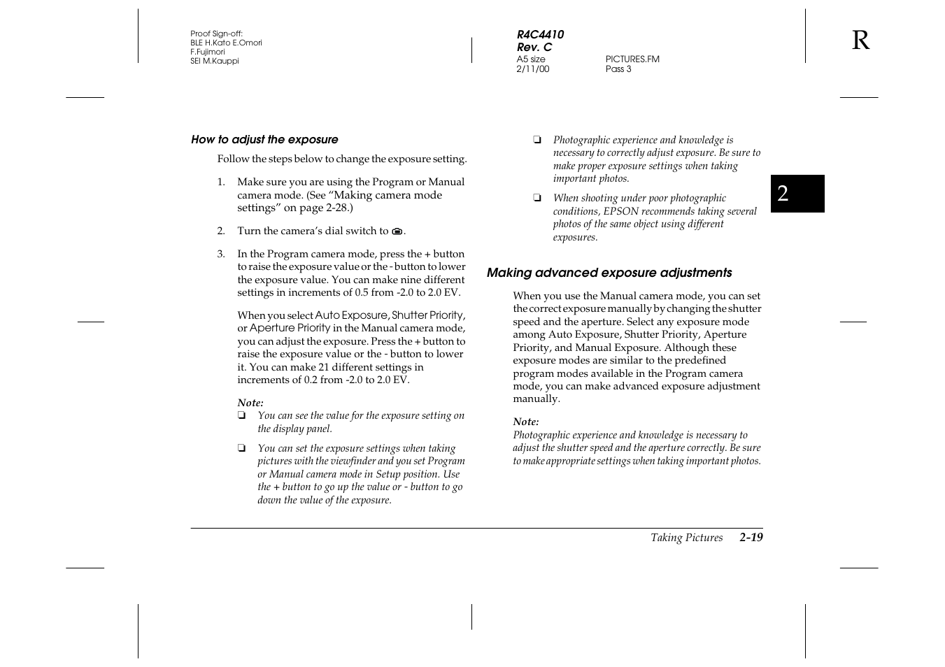 How to adjust the exposure, Making advanced exposure adjustments, Making advanced exposure adjustments -19 | Epson PhotoPC 850Z User Manual | Page 47 / 142