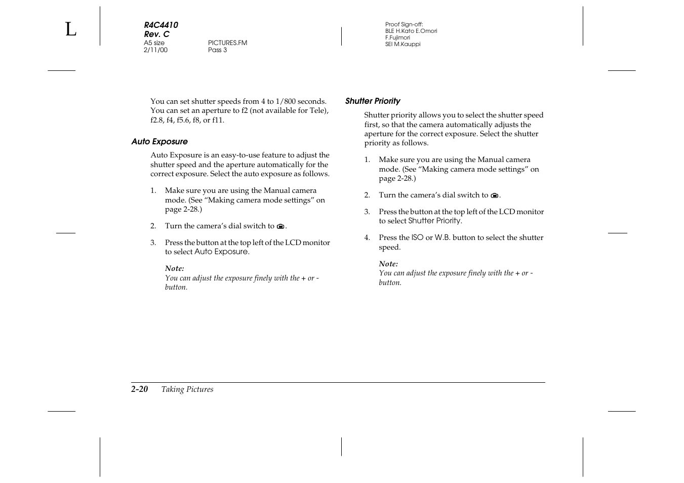 Auto exposure, Shutter priority | Epson PhotoPC 850Z User Manual | Page 48 / 142