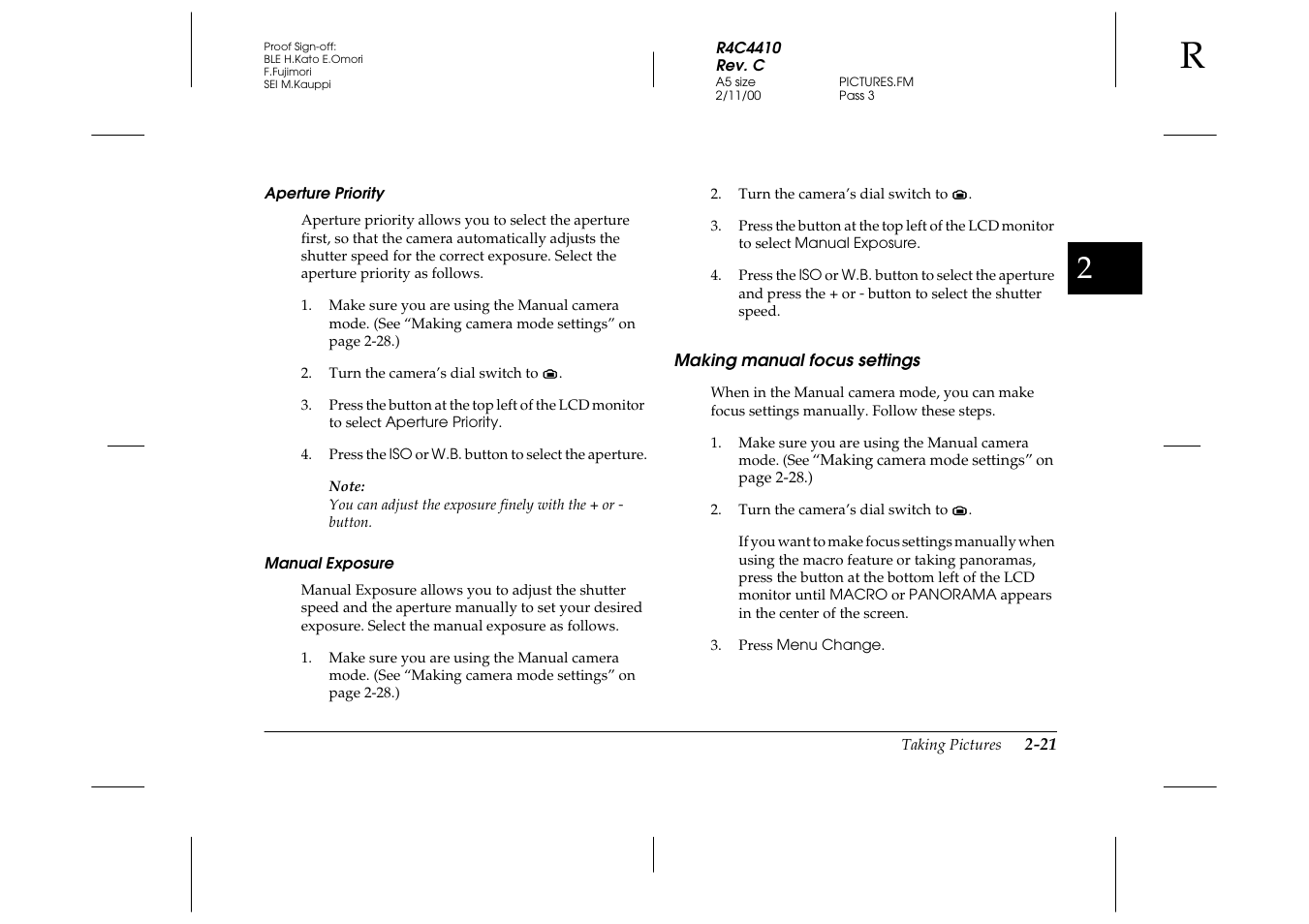Aperture priority, Manual exposure, Making manual focus settings | Making manual focus settings -21 | Epson PhotoPC 850Z User Manual | Page 49 / 142