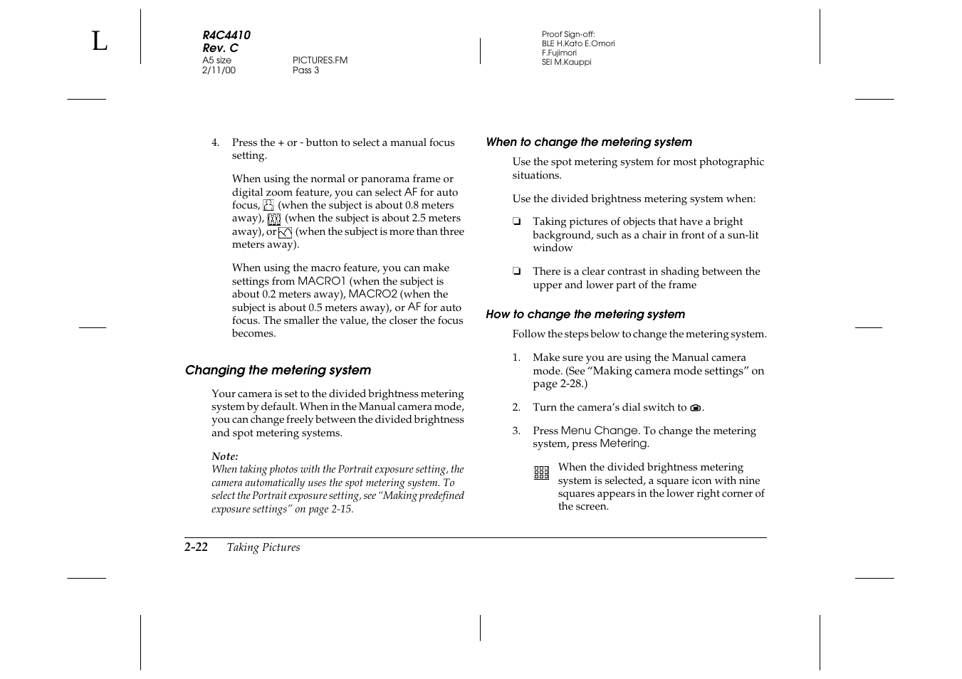 Changing the metering system, When to change the metering system, How to change the metering system | Changing the metering system -22 | Epson PhotoPC 850Z User Manual | Page 50 / 142