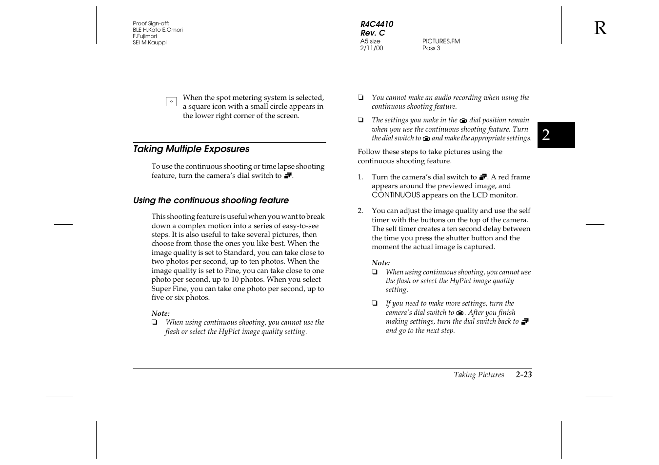 Taking multiple exposures, Using the continuous shooting feature, Taking multiple exposures -23 | Using the continuous shooting feature -23 | Epson PhotoPC 850Z User Manual | Page 51 / 142