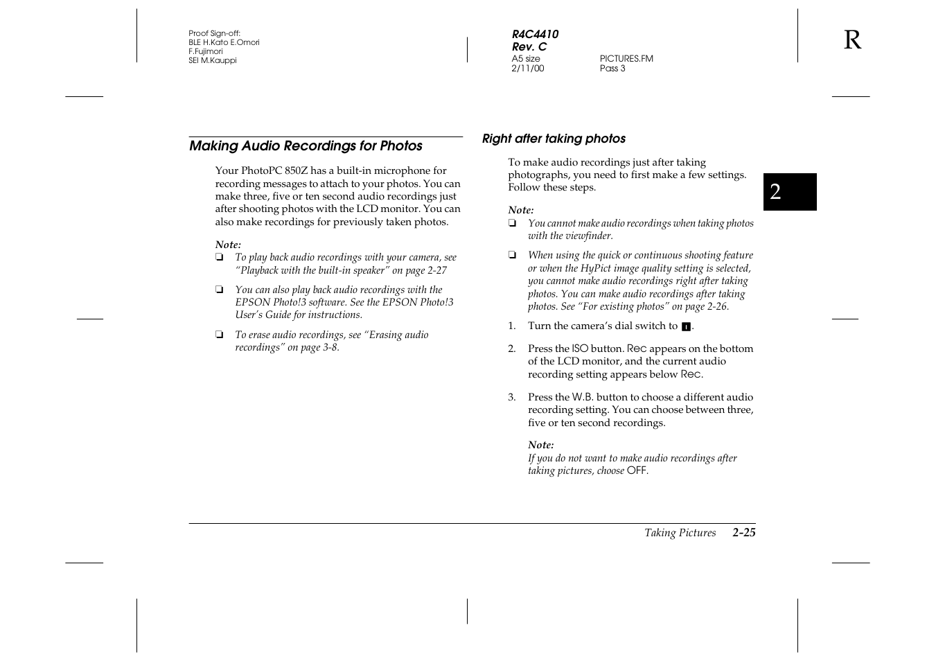 Making audio recordings for photos, Right after taking photos, Making audio recordings for photos -25 | Right after taking photos -25 | Epson PhotoPC 850Z User Manual | Page 53 / 142
