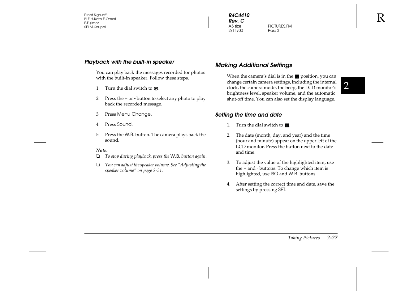 Playback with the built-in speaker, Making additional settings, Setting the time and date | Playback with the built-in speaker -27, Making additional settings -27, Setting the time and date -27 | Epson PhotoPC 850Z User Manual | Page 55 / 142