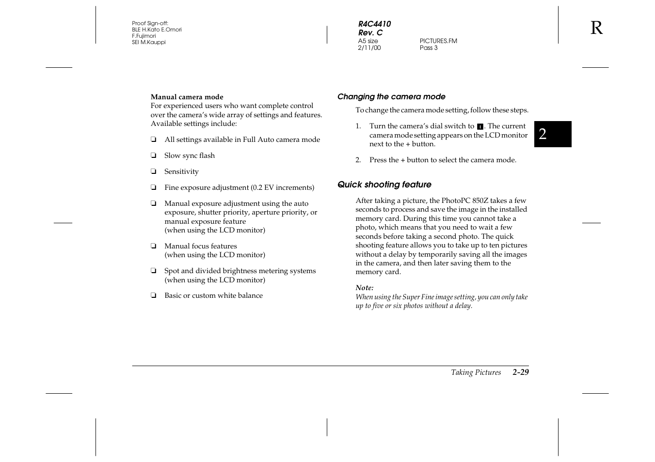 Changing the camera mode, Quick shooting feature, Quick shooting feature -29 | Epson PhotoPC 850Z User Manual | Page 57 / 142