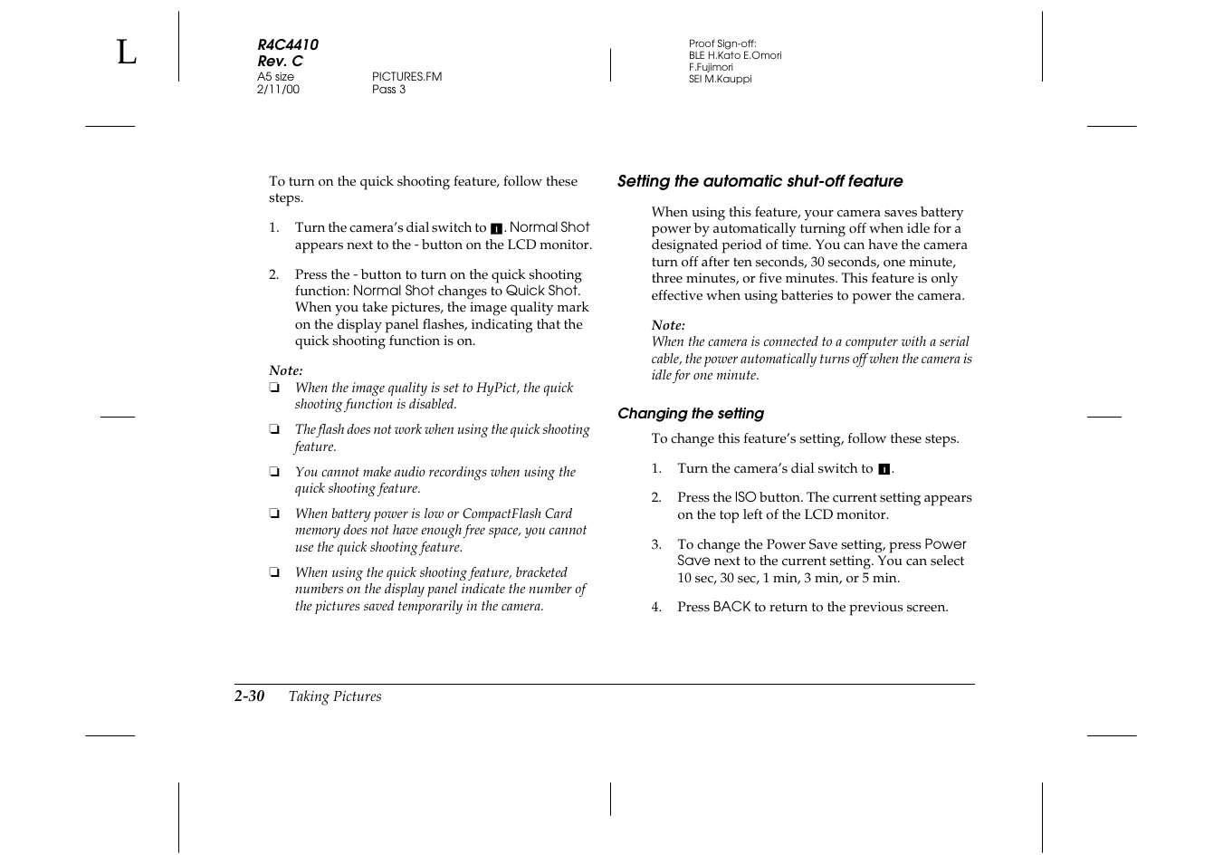 Setting the automatic shut-off feature, Changing the setting, Setting the automatic shut-off feature -30 | Epson PhotoPC 850Z User Manual | Page 58 / 142