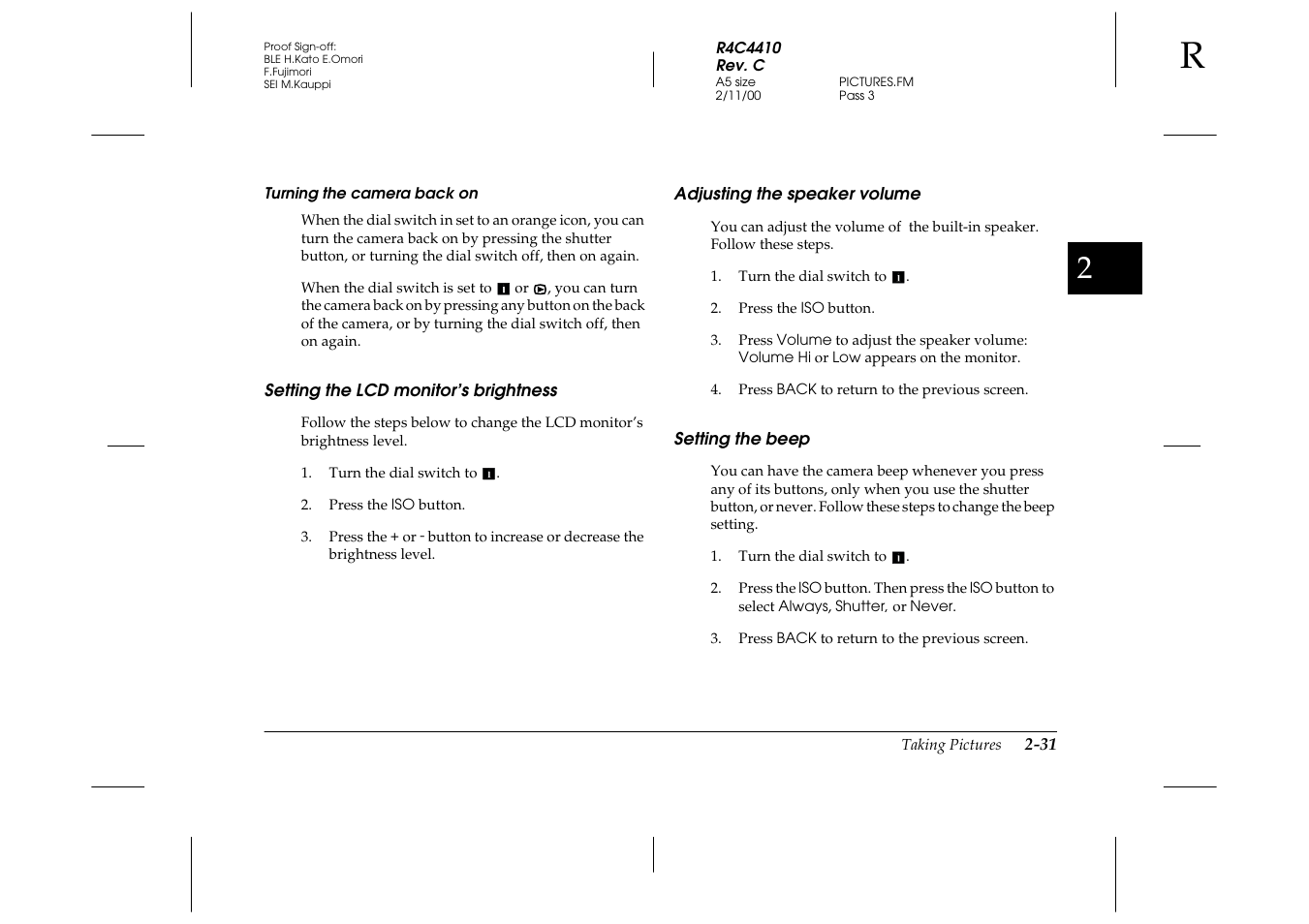 Turning the camera back on, Setting the lcd monitor’s brightness, Adjusting the speaker volume | Setting the beep | Epson PhotoPC 850Z User Manual | Page 59 / 142