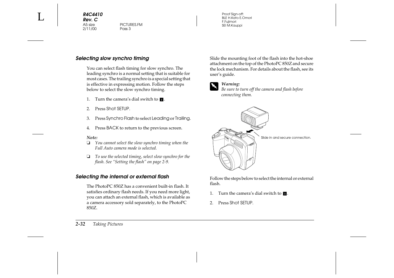 Selecting slow synchro timing, Selecting the internal or external flash | Epson PhotoPC 850Z User Manual | Page 60 / 142