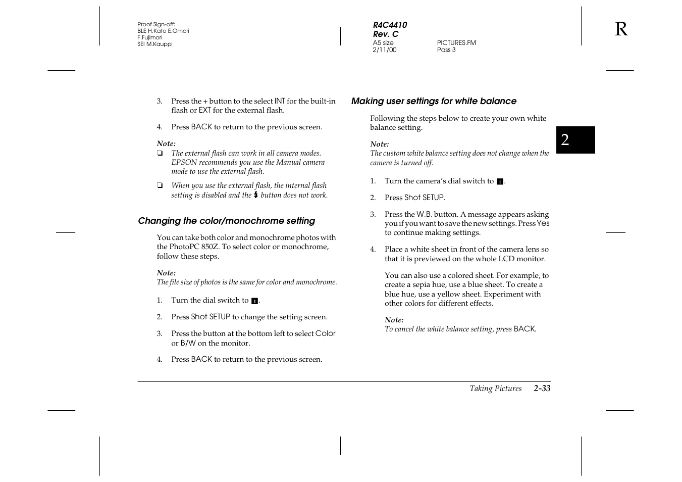 Changing the color/monochrome setting, Making user settings for white balance | Epson PhotoPC 850Z User Manual | Page 61 / 142