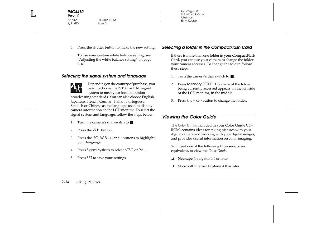 Selecting the signal system and language, Selecting a folder in the compactflash card, Viewing the color guide | Viewing the color guide -34 | Epson PhotoPC 850Z User Manual | Page 62 / 142