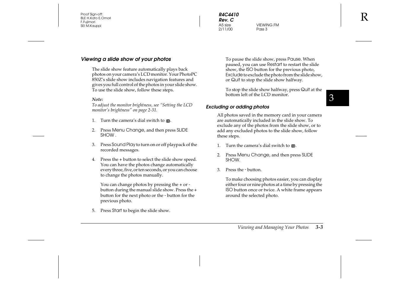 Viewing a slide show of your photos, Excluding or adding photos, Viewing a slide show of your photos -3 | Epson PhotoPC 850Z User Manual | Page 67 / 142