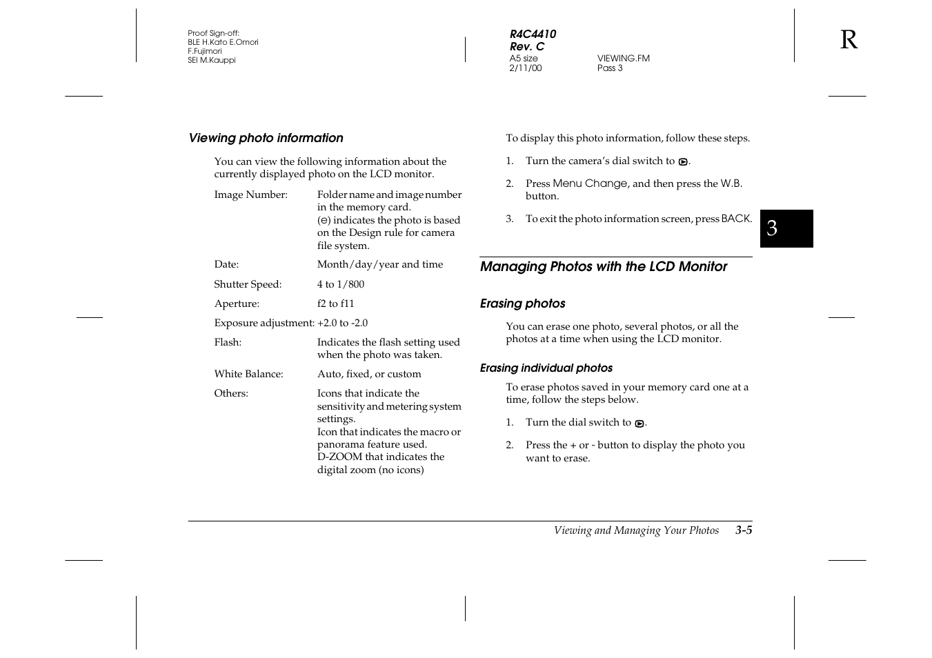 Viewing photo information, Managing photos with the lcd monitor, Erasing photos | Erasing individual photos, Viewing photo information -5, Managing photos with the lcd monitor -5, Erasing photos -5 | Epson PhotoPC 850Z User Manual | Page 69 / 142