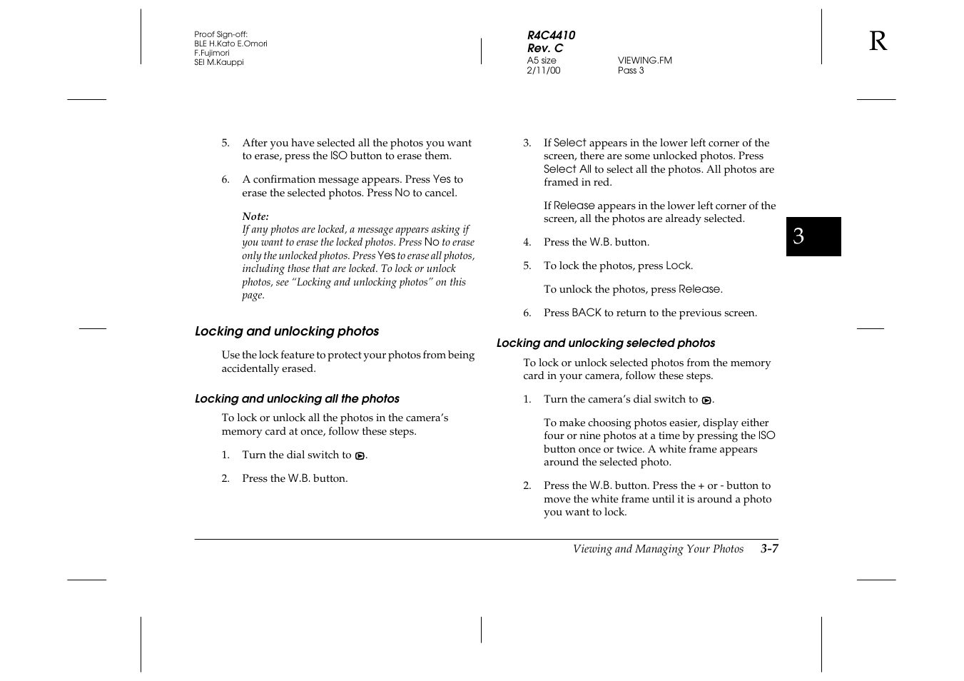 Locking and unlocking photos, Locking and unlocking all the photos, Locking and unlocking selected photos | Locking and unlocking photos -7 | Epson PhotoPC 850Z User Manual | Page 71 / 142