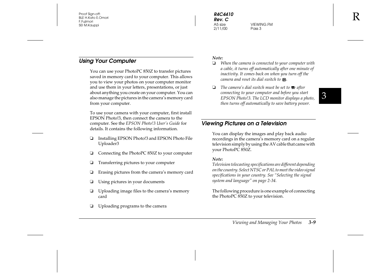 Using your computer, Viewing pictures on a television | Epson PhotoPC 850Z User Manual | Page 73 / 142